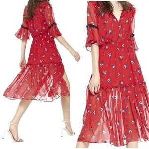 Misa Los Angeles Raquel‎ Red Floral Midi Dress Womens XS Layered Sheer Bohemian